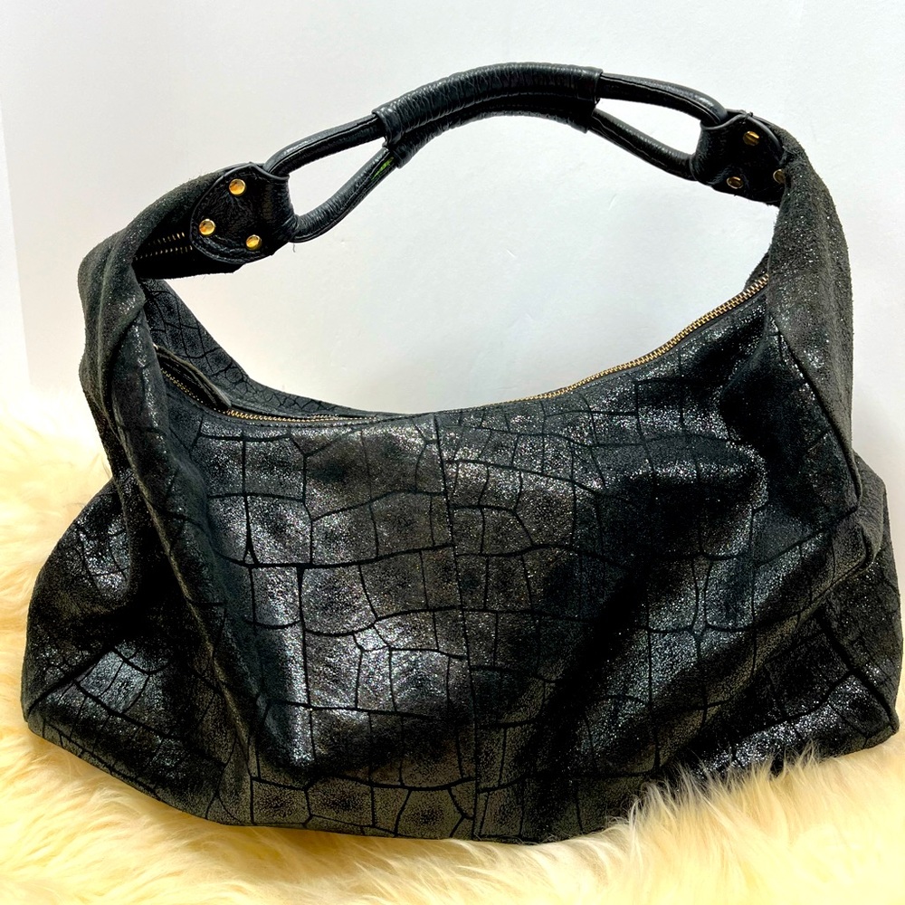 Lola Bernard Leather Oversized Hobo Bag Black Metallic Croc Embossed